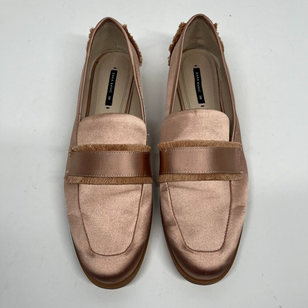 Zara Blush Pink Satin Fringed Flat Loafer Size 8 US / 39 EU